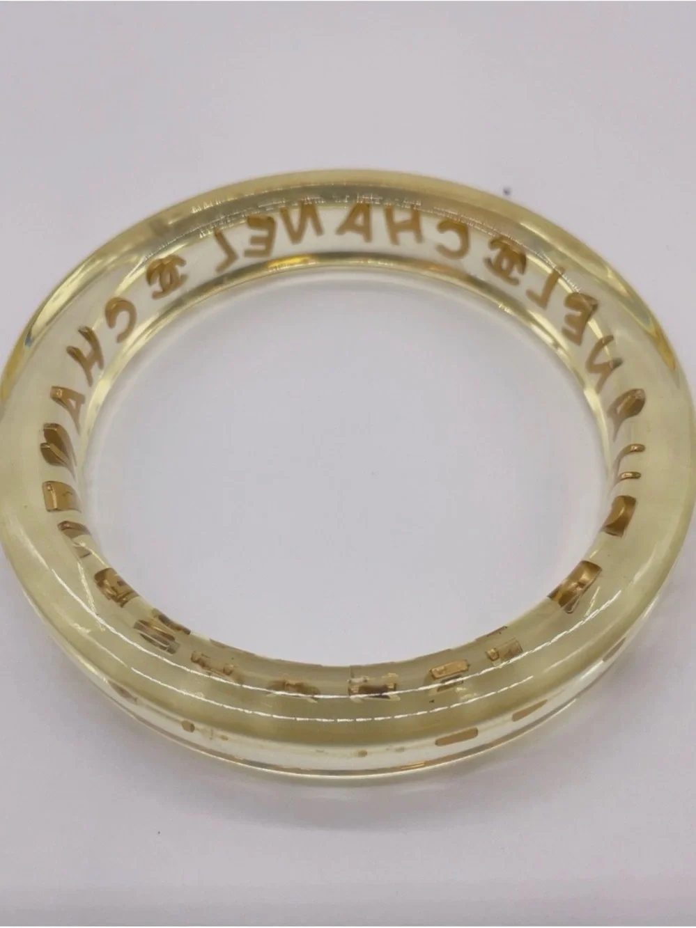 CHANEL LUCITE & Gold Letter Clear Acrylic Bangle - Picture 8 of 12